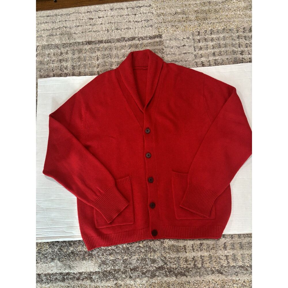 Mens Red Cardigan button front Shawl Collar Wool Sweater Large